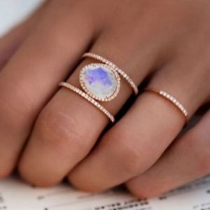 Diamond Double Band Rainbow Moonstone Ring